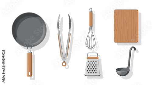 Kitchen utensils and cookware arranged neatly on a clean surface, including a pan, tongs, whisk, grater, cutting board, and ladle, for cooking and food preparation purposes.