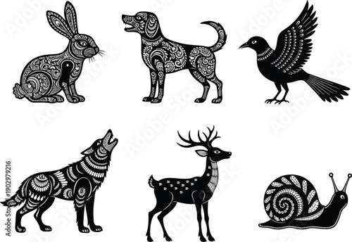 Decorative rabbit, dog, bird, wolf, deer, snail, ornate animal illustration, black and white vector art, intricate patterns, creative design, abstract concept, tattoo inspiration