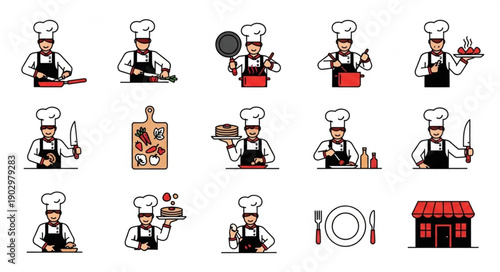 Collection of Chef Illustrations Cooking and Serving Food.