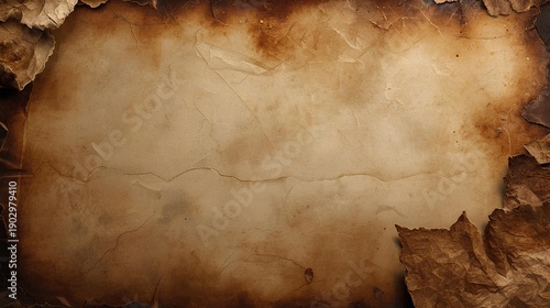 Vintage background of an old piece of aged parchment paper with scorched and tattered edges