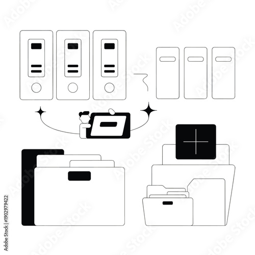 Office archive storage system with document folders and file binders for data management