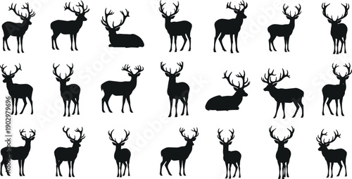Deer silhouettes vector collection showing stag wildlife poses, forest animal icons in black style for nature, hunting, rustic branding, and woodland design projects