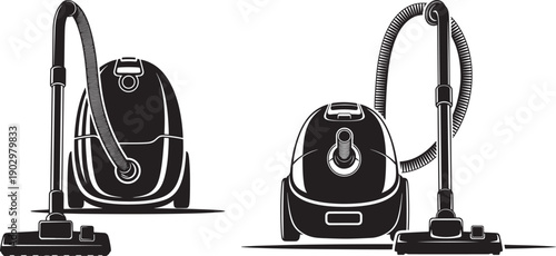 Two different models of vacuum cleaners with hoses and floor heads are depicted in a graphic illustration, black and white.