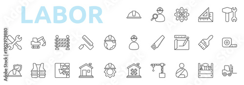 Labor icon outline style with safety, helmet, worker, search, mechanic, triangle, ruler, equipment, engineer icons