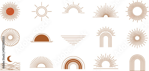 Abstract Sun and Sunrise Line Icon Set with Geometric Boho Elements for Branding, Logos, Posters, and Modern Minimal Design Projects
