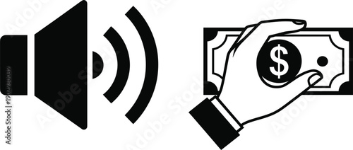 Audio Volume and Cash Payment Icon Set Illustrating Sound Notification Financial Transaction Income and Business Communication Concept