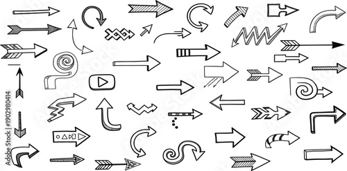 Hand Drawn Arrow Icon Set with Sketch Style Directional, Curved, Loop, and Navigation Pointer Symbols for Infographic, User Interface, and Creative Design Projects