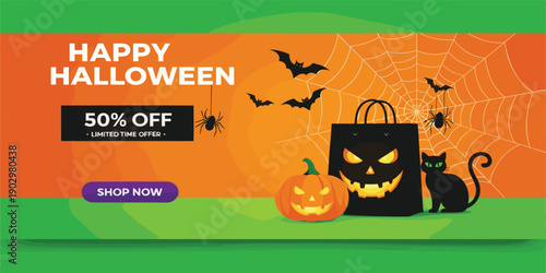 Happy Halloween Sale Banner with Spooky Pumpkins, Shopping Bag, Bats, and Web Design for Seasonal Promotion and E Commerce Marketing Campaign