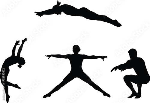 Dynamic human silhouettes, dance poses, gymnastic movement, airborne leap, crouch stance, star shape, black vector icons, body motion, flexibility, expressive form