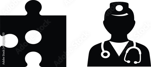 Medical Solution and Doctor Icon Set with Puzzle Piece and Healthcare Professional Symbols for Diagnosis Treatment Support and Hospital Design