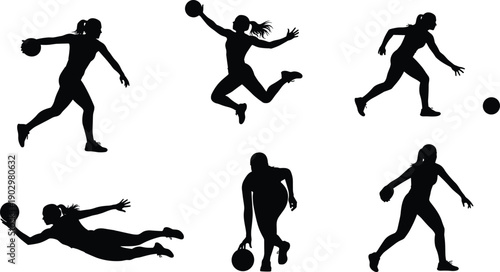 Female athlete silhouette set, ball action, sports movement, dynamic pose, black icon, running, jumping, dribbling, throwing, fitness, agility