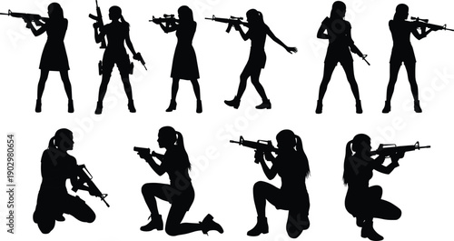 Female silhouette with rifle, tactical stance, combat training, military pose, weapon handling, shooting practice, armed forces, defense illustration, black figure