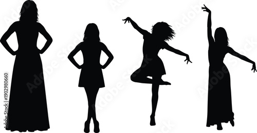 female silhouette poses, dance movement, expressive art, graceful posture, fitness activity, artistic figure, body language, performance concept, elegance style, creative illustration
