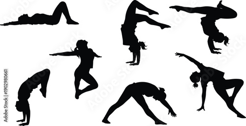 Gymnast silhouette poses, acrobatic movement, handstand flexibility, black vector icons, athletic strength, dance motion, body control, white background, fitness art, dynamic form