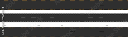 Collection of top view road markings and asphalt highway segments with yellow and white dashed lines for urban transportation design