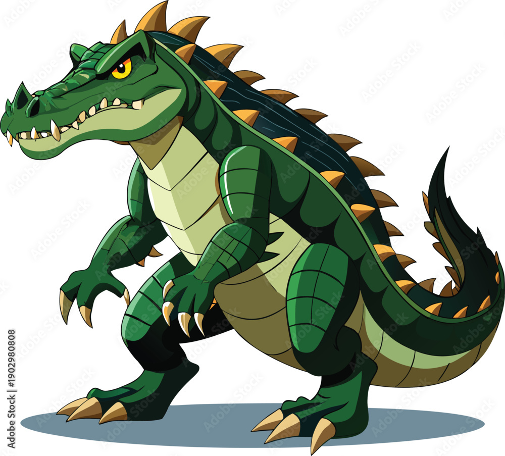 Fototapeta premium Green cartoon dragon monster standing fierce vector illustration flat design