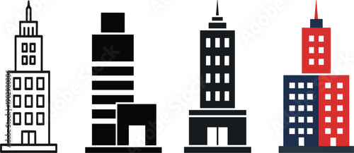 Modern City Building and Skyscraper Icon Set with Urban Architecture, Office Towers, Real Estate, and Downtown Skyline Symbols for Business and Property Design