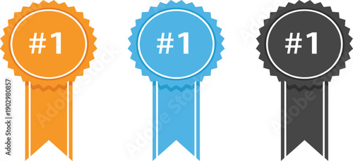 Number One Award Ribbon Badge Set Featuring First Place Rosettes, Winner Medals, Achievement Symbols, and Ranking Labels for Competitions and Recognition Design