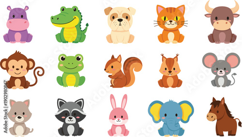 Cute Cartoon Animal Vector Icon Set Featuring Hippo Crocodile Dog Cat Bull Monkey Frog Squirrel Mouse Wolf Raccoon Rabbit Elephant and Horse Illustrations