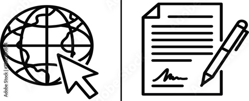 Online Document Signing and Global Internet Access Icon Illustration Representing Digital Contracts, Electronic Signature, Web Based Agreements, and Secure Legal Approval Concepts