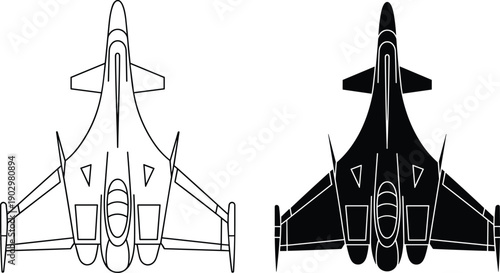 Fighter jet vector illustration featuring top view silhouettes in line art and solid black styles for military and aviation design