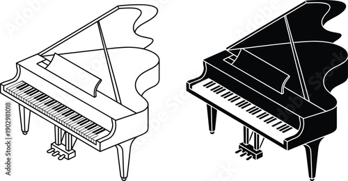 Grand piano vector illustration in isometric view featuring line art and solid black silhouettes for music and classical concert design