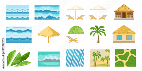Colorful summer icons depicting tropical scenes and beach elements