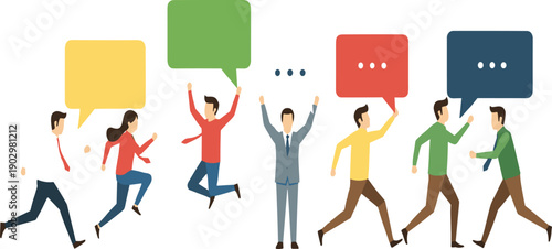 Team Communication and Collaboration Concept Illustration with People Running and Jumping Holding Speech Bubbles for Business Discussion, Idea Sharing, and Corporate Interaction Design