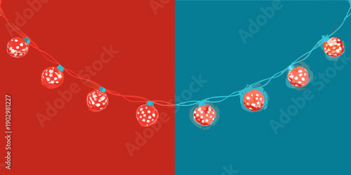 Festive string lights with red and teal background dotted bulbs