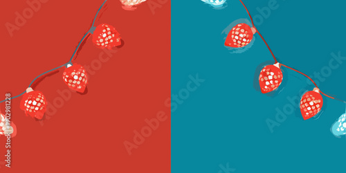 Red and teal background with string lights abstract digital artwork