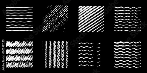 Collection of hand drawn white lines and textures on a black background