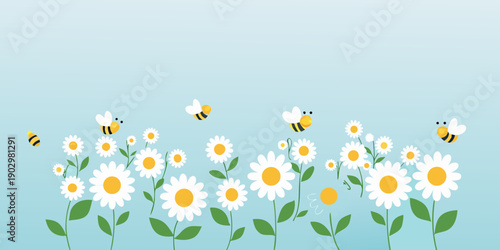 Charming illustration of daisies and bees against a soft blue gradient