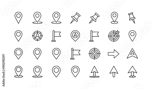 Outline location pin and map marker icons vector navigation symbols