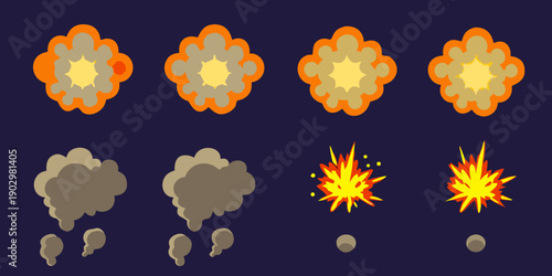 Pixel art explosion effects stages of bursts and smoke plumes