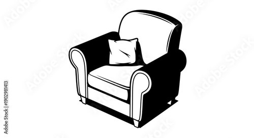 A black and white illustration of a comfortable armchair with a pillow