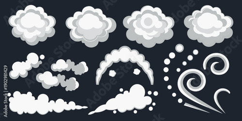 Stylized white clouds and wind swirls against a dark blue background