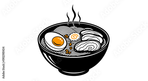 Steaming bowl of ramen noodles with sliced pork and egg