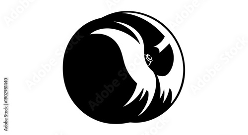 Black illustration of a creature emerging from a circular shape