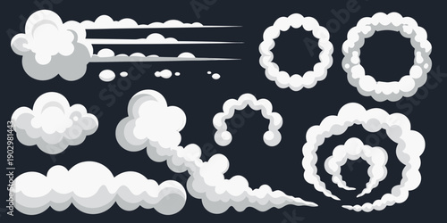 A collection of white smoke and vapor effects on a dark background