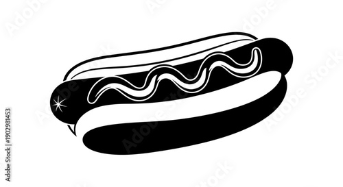A black and white illustration of a hot dog with condiments on a plate indoors.