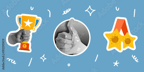 Achievements and success a trophy a thumbs up and a medal illustration