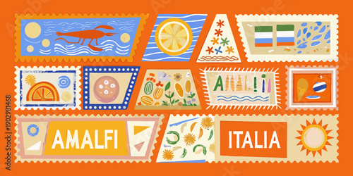 A collection of colorful illustrated postage stamps with various designs