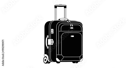 A black suitcase with a handle and wheels is standing alone indoors