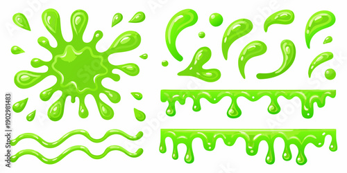 A collection of vibrant green slime splatters drips and flowing shapes