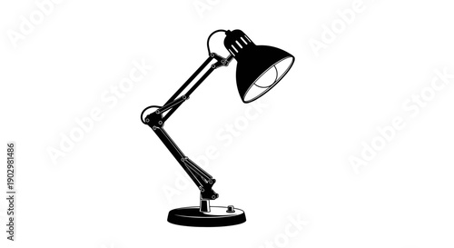 A black desk lamp stands on a table indoors in daytime.