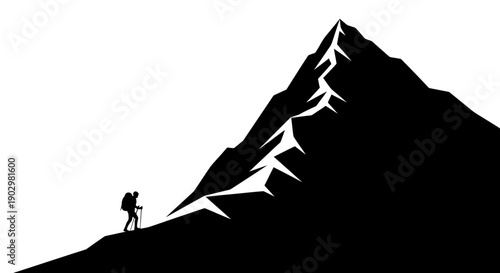 A lone hiker with a backpack climbs a mountain peak, illustration, silhouette, adventure, landscape, from a distance