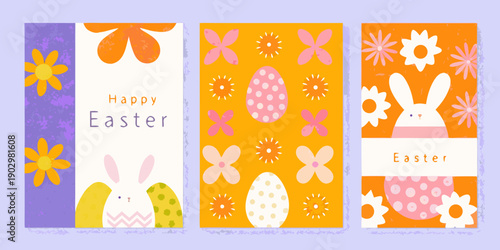 Three colorful easter banners with floral and bunny illustrations