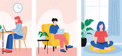 Work From Home and Meditation Lifestyle Illustration Set Showing Productivity, Relaxation, and Mindfulness for Modern Indoor Wellness Concepts