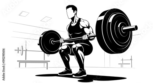 A male athlete performing a squat with a barbell in a gym setting, illustrated in a dynamic graphic style