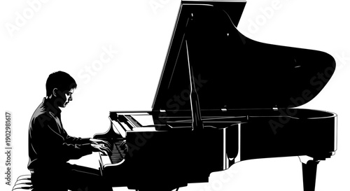 Man playing grand piano in a concert hall, viewed from the side